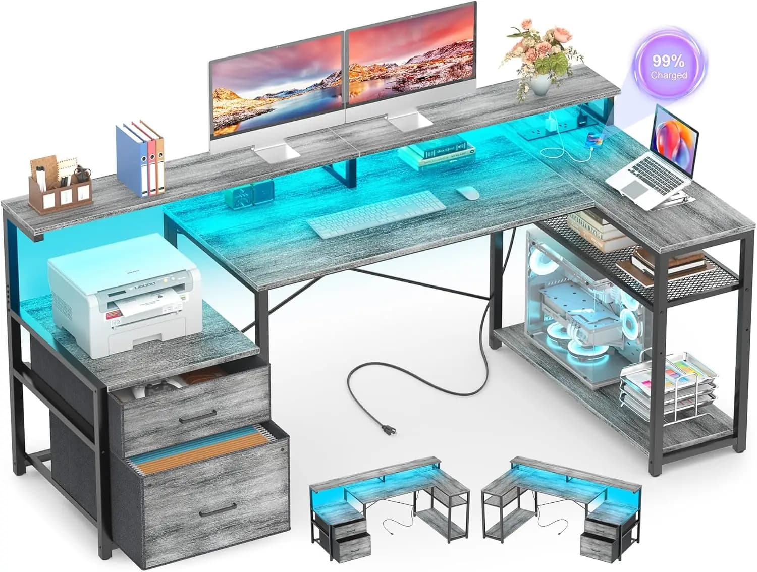 Scrivania a L reversibile con presa di corrente, luci a LED e spazio contenitivo per ufficio domestico e gaming, in rovere bianco