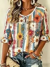 Camicetta da donna con bottoni, stampa floreale, grafica vintage, elegante, a mezza manica, con collo annodabile, top casual per tutti i giorni, blu, rosa, estivo
