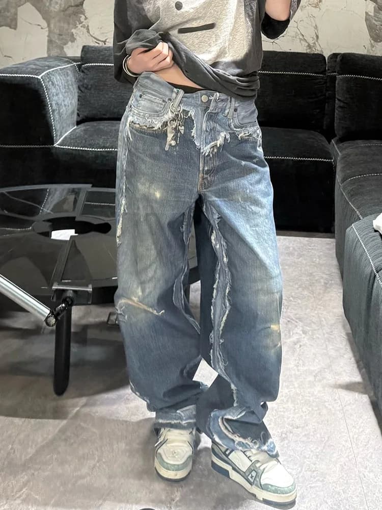 Retro American Spicy Girl 3D Illusion Print Design Street Washed Wide Leg Jeans Women Summer Long Pants Hot Girl Style Denim
