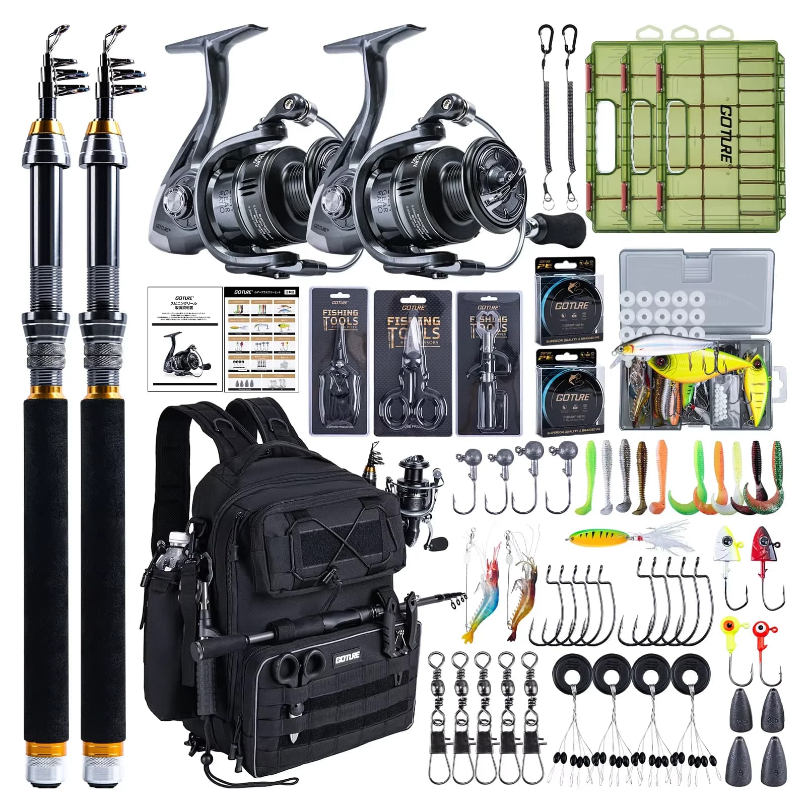 Goture Fishing Backpack with 3 bait boxes - Complete Set with Telescopic Fishing Rods, Mulinello, Set of baits, Tools