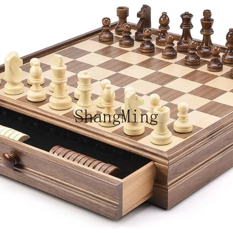Set di scacchi e dama in legno massello di noce PYH con cassetto, scatola per scacchi in legno massello di alta gamma