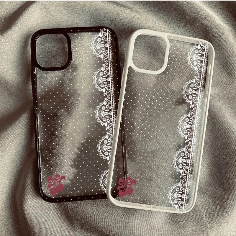 Cute Cherry Bow White Lace Polka Dot Phone Case for iPhone 11 12 13 14 15 16 17 Pro Max 16E Air X XR XS 7 8 Plus SE 2022 Cover