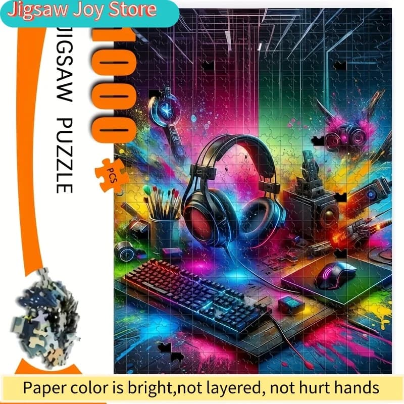 Puzzle da gioco da 1000 pezzi - Scena arcade hardcore con colori neon, tastiera Challenger, cuffie - per ragazzi e adolescenti - Compleanno, Natale
