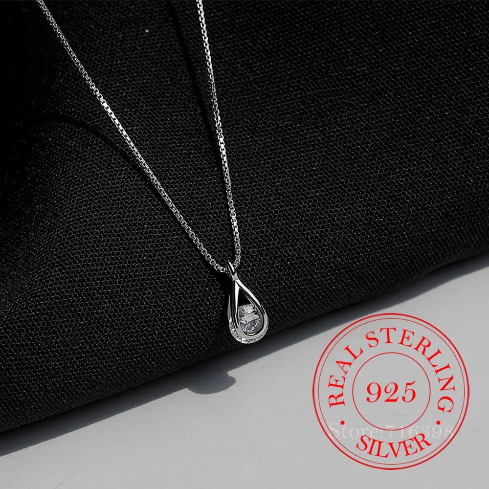 Ciondolo per collana a catena con scatola waterdrop in cristallo di zircone singolo in argento sterling 925 per collare regalo di gioielli per feste di nozze da donna