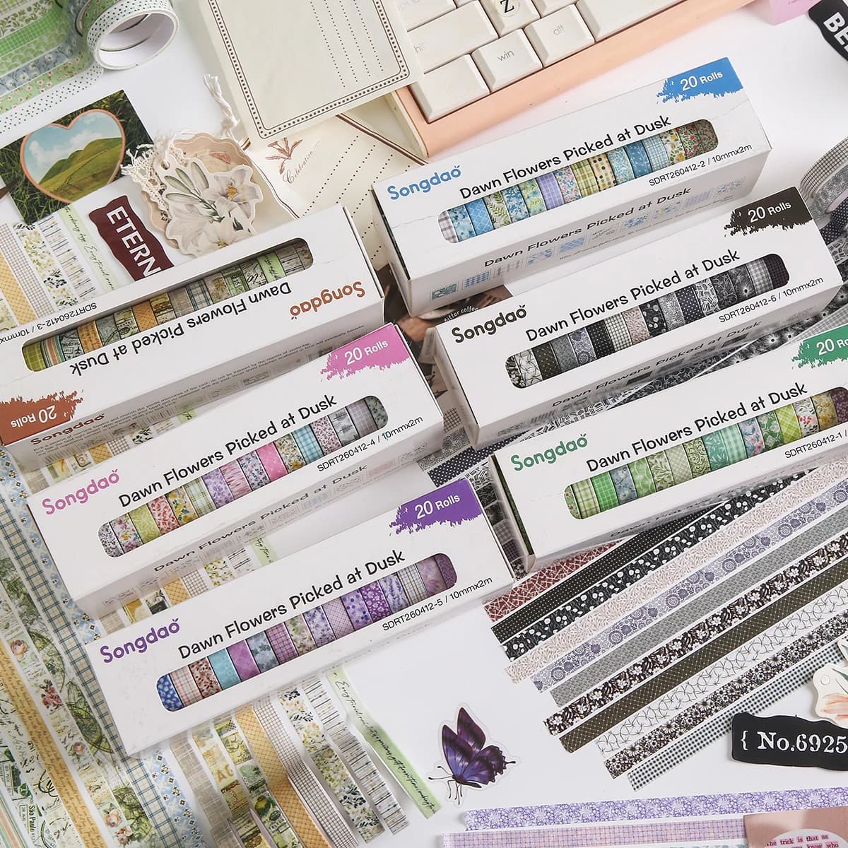 20 Rolls Floral Washi Tape Set, Retro Vintage Flower & Plaid Decorative Strips for Journal Planner Scrapbooking & DIY Crafts