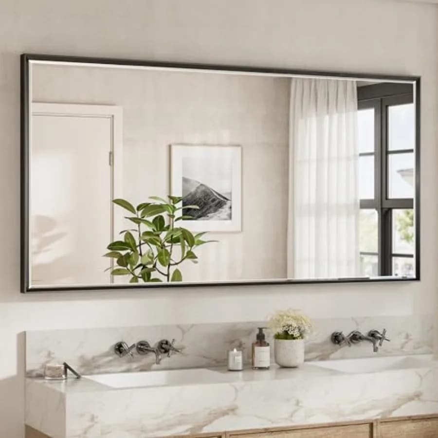 Specchio da bagno con cornice nera 72 x 36, specchio rettangolare con cornice in metallo nero opaco, bisellato, antiruggine, infrangibile, verticale/orizzontale