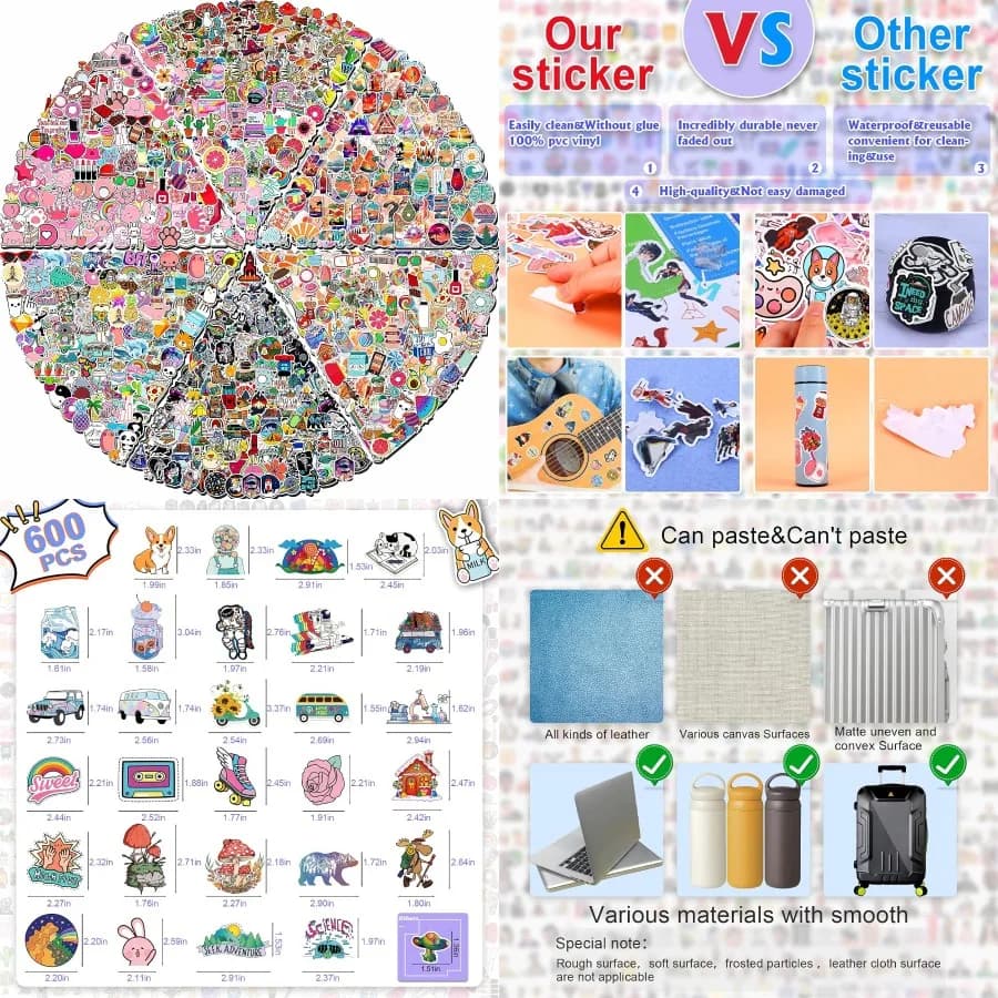 Confezione da 600 adesivi artistici in vinile impermeabili colorati e carini per bottiglie d'acqua, skateboard, quaderni e laptop, decalcomanie ideali