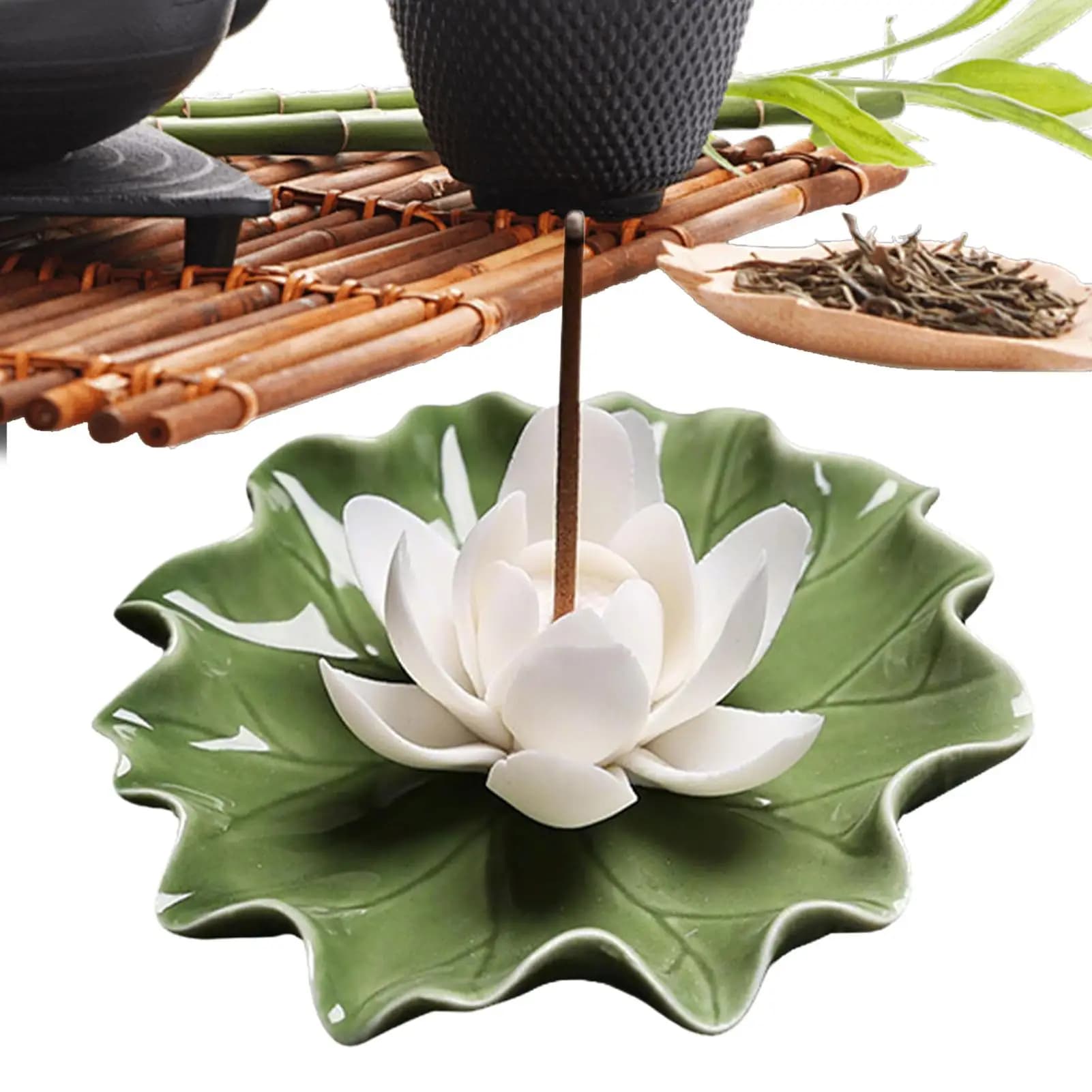 Portaincenso in ceramica a forma di fiore con base a foglia per yoga, spa, soggiorno, camera da letto, casa