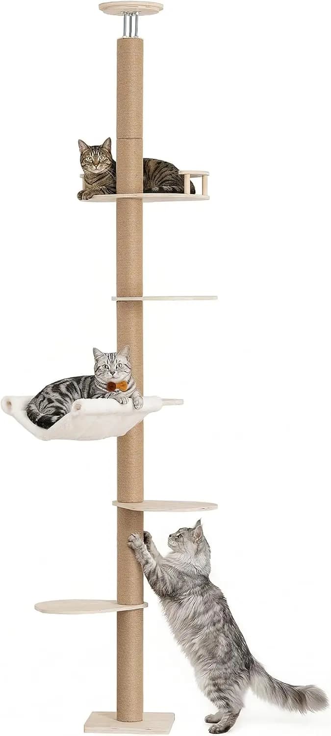 Albero per Gatti Regolabile in Altezza per Gatti Grandi, 193-274 cm, Torre per Gatti a 5 Livelli in Legno con Amaca e Tiragraffi