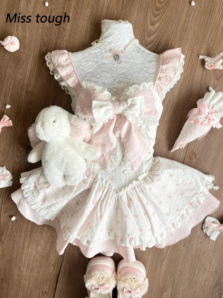Abito Estivo in Pizzo da Principessa, Vestito Senza Maniche con Volant per Ragazze, Abito Rosa con Fiocco Stile Lolita, Gonna a Strati in Rete, Outfit Adorabile