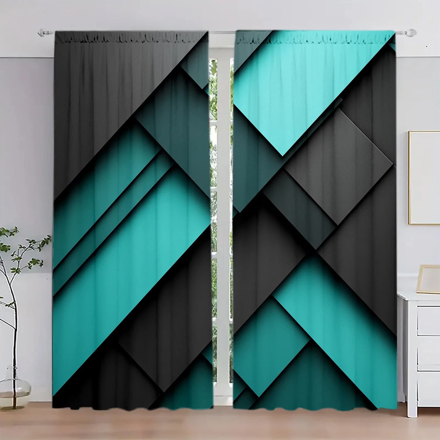 2 classic curtains with blue-green geometric pattern, pocket window curtains with semi-transparent polyester rod for bedroom, office, living room