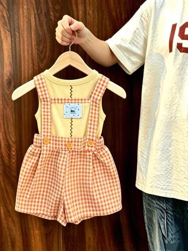 Children's Summer Thin Plaid Romper Casual Vest Shorts Two-Piece Set Baby Boys Girls Carrier Pants Elastic Waistband Shorts