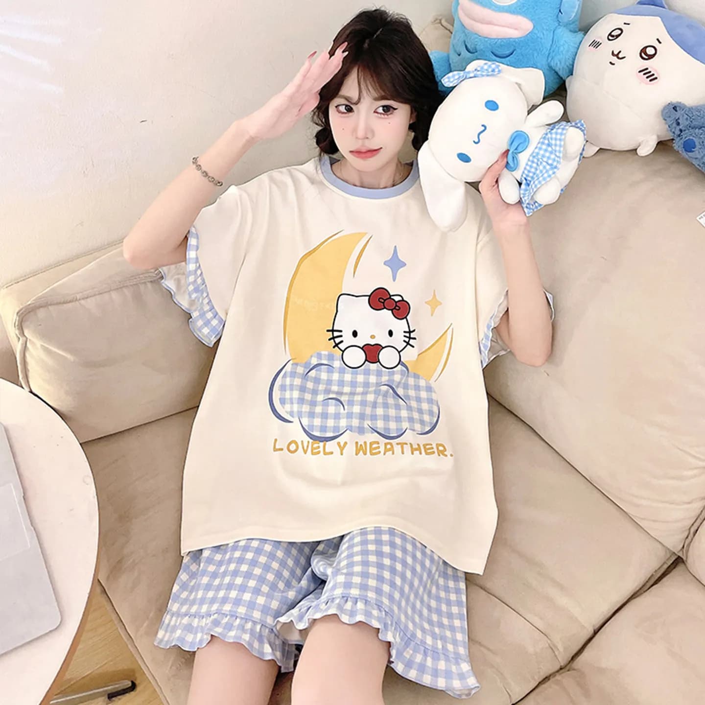 Pigiama Sanrio Cartoon da donna, set estivo a maniche corte in puro cotone, Hello Kitty, abbigliamento per la casa