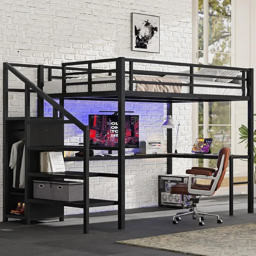 Queen Size Metal Bunk Bed with Desk, Wardrobe, Storage Stairs, LED Lights, Charging Station, and Safety Guardrails, No Box Sprin