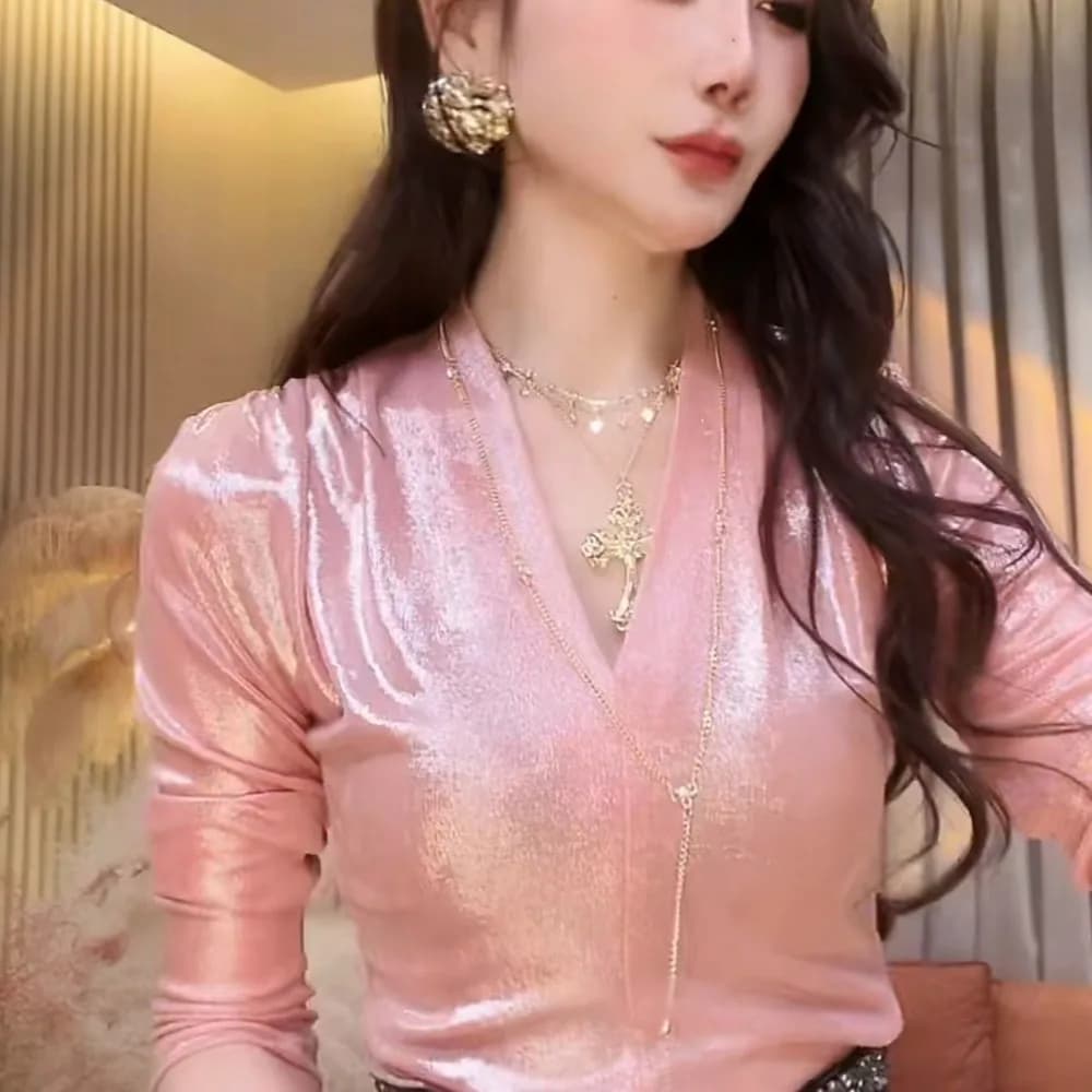 2026 Ladies Fashion Slim Simplicity Trend Sexy Gradient Color V-neck Tee Shirt Long Sleeve Tops Pullover Temperament Tops