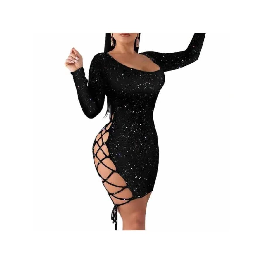 【New style】Women Hollow-Out Mini Bandage Dress, Long Sleeve O-Neck Low Cut Glitter Bodycon Dress For Summer
