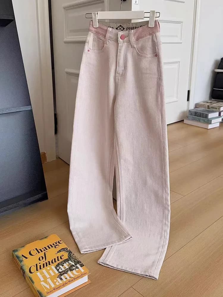 Jeans in denim rosa lavato a vita alta a gamba dritta, con blocchi di colore, alla moda, senza tempo, abbinabili a tutto, pantaloni lunghi da donna, Nuova Collezione Autunno 2025