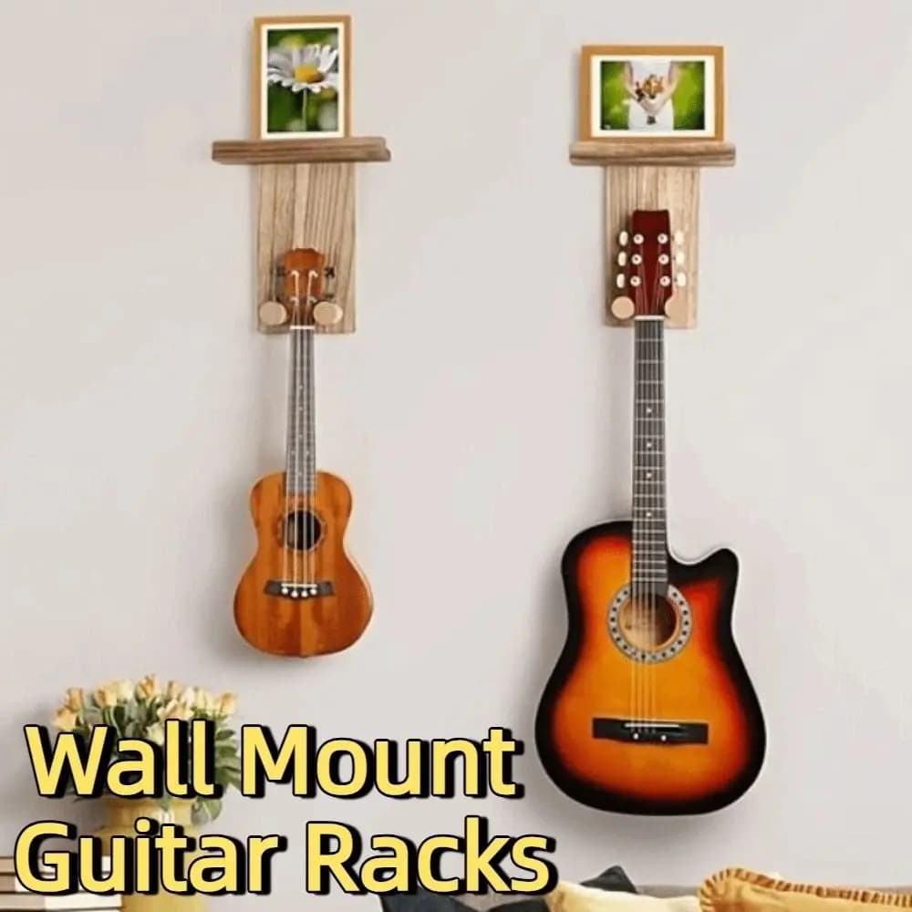Supporti da Parete in Legno per Chitarre con Mensola, Protezione Antigraffio per Ukulele, Espositore Salvaspazio per Chitarre