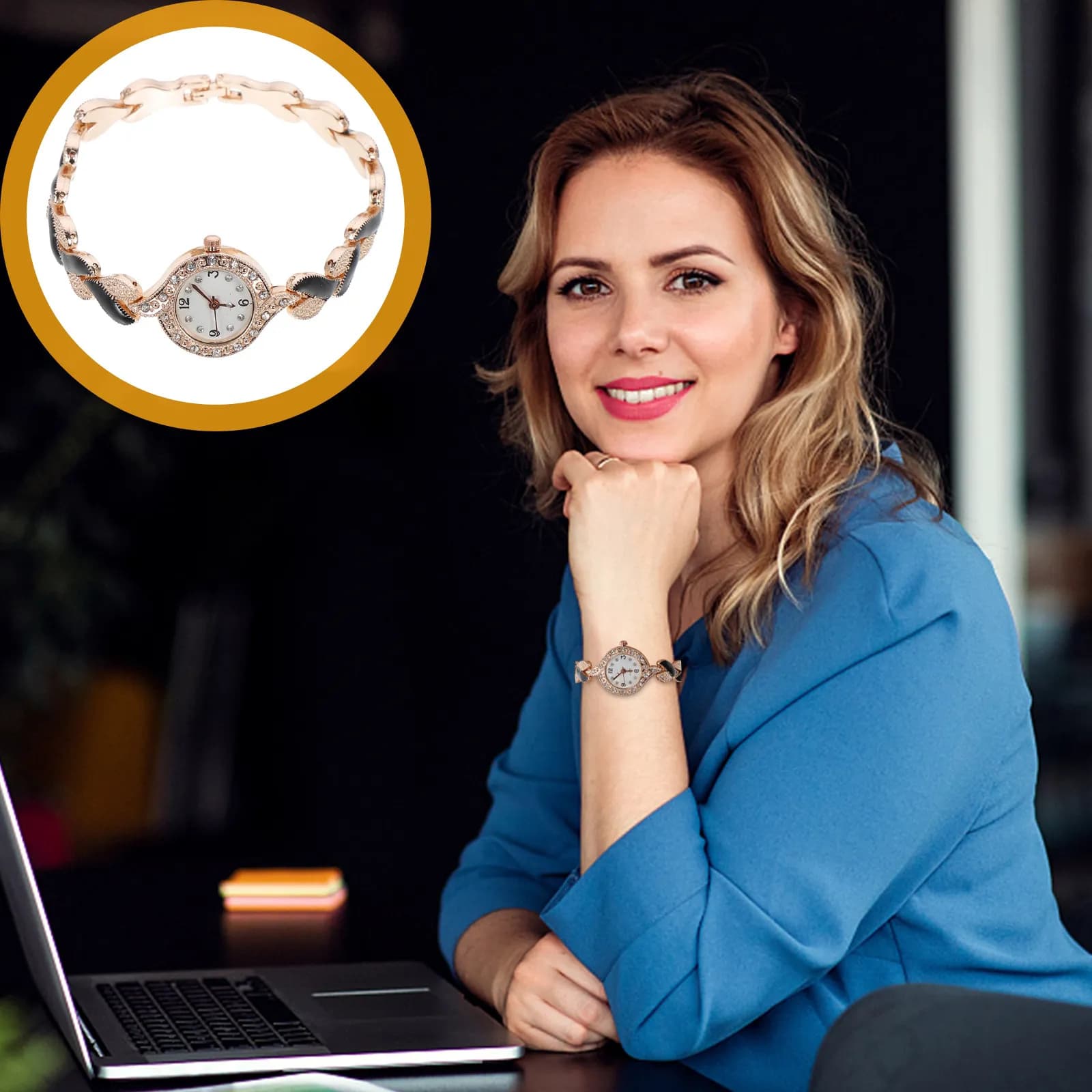 Wrist Watch for Women's Leaf, Elegant Golden and Black Quartz Watch, Lightweight and Fashion for Daily Use, Appointments, Celebrations and School
