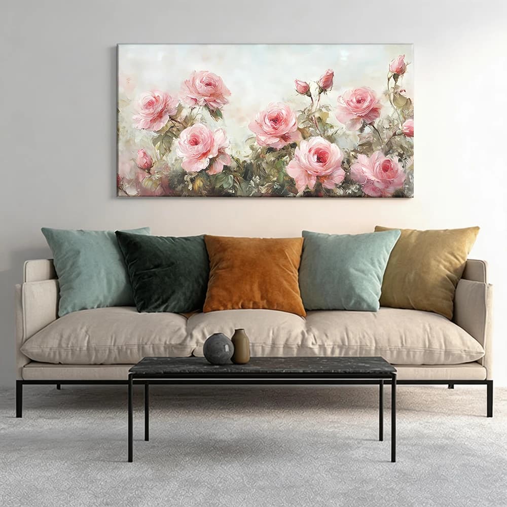 Painted on canvas with large wooden frame, 1 piece, pink roses in an image with delicate tones.
