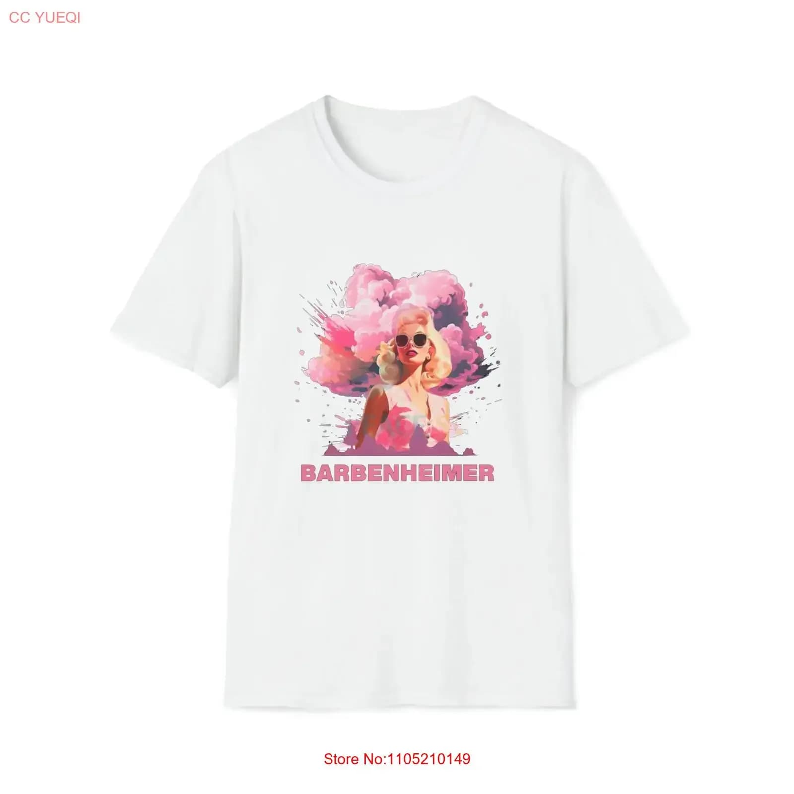 BARBENHEIMER Maglietta bianca Design unico con esplosione rosa e arancione Testo audace Comodo abbigliamento casual Divertimento Cultura pop
