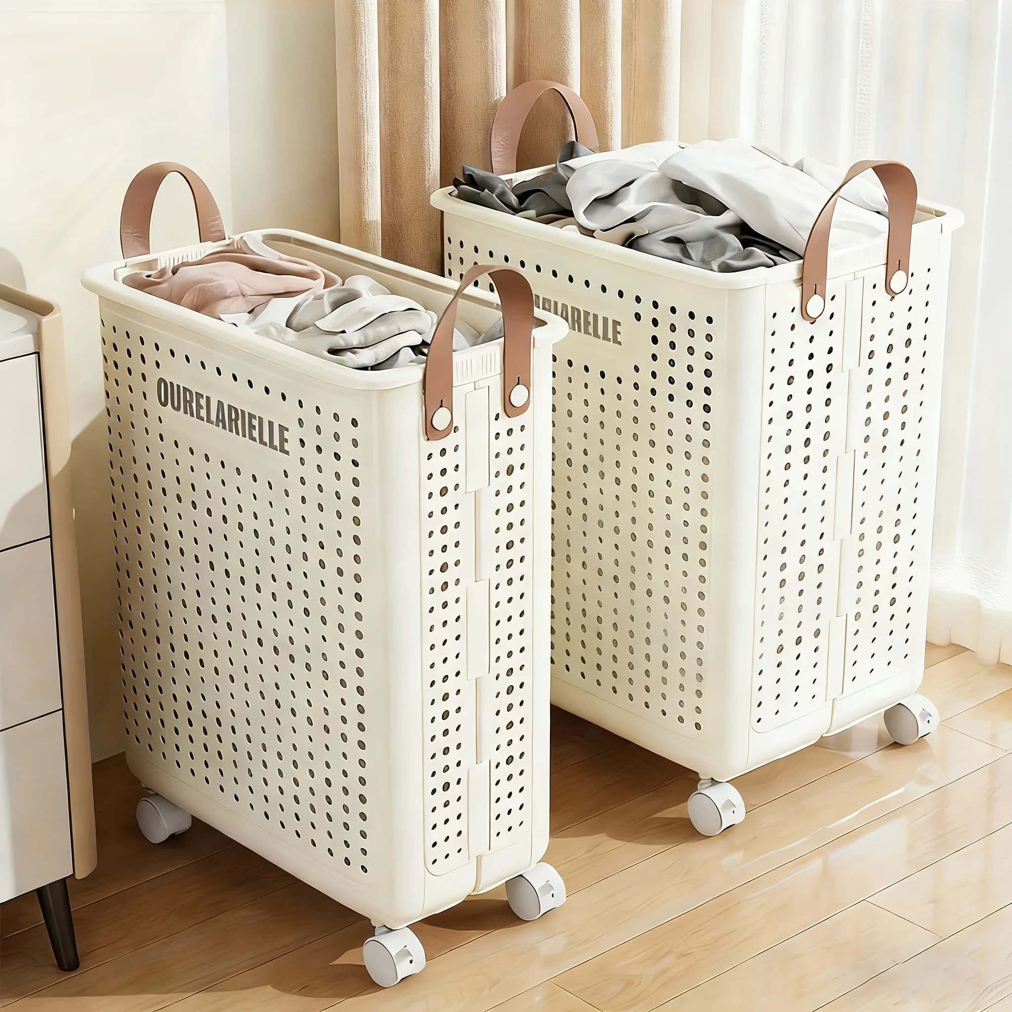 Cesto portabiancheria pieghevole grande con ruote (disponibile in diverse misure) senza coperchio - in similpelle, tinta unita, versatile, portatile, per bagno e balcone, borsa per la biancheria, accessori per lavanderia, cesti portabiancheria