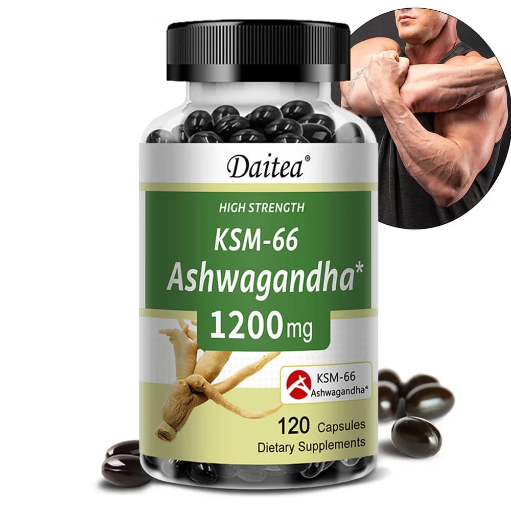 Capsule di Ashwagandha KSM-66 1200mg, per Riduzione dello Stress, Energia, Concentrazione, Recupero Muscolare e Supporto dell'Umore, Migliora le Prestazioni Atletiche