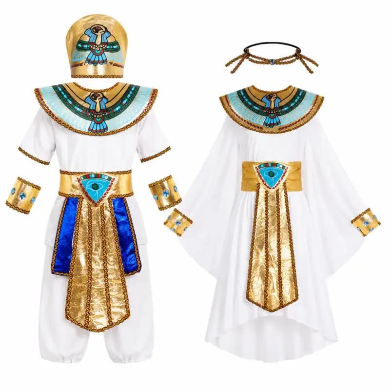Set Costume da Faraone dell'Antico Egitto, Veste Bianca e Oro con Copricapo, Colletto, Cintura e Polsini per Halloween, Cosplay, Carnevale e Feste