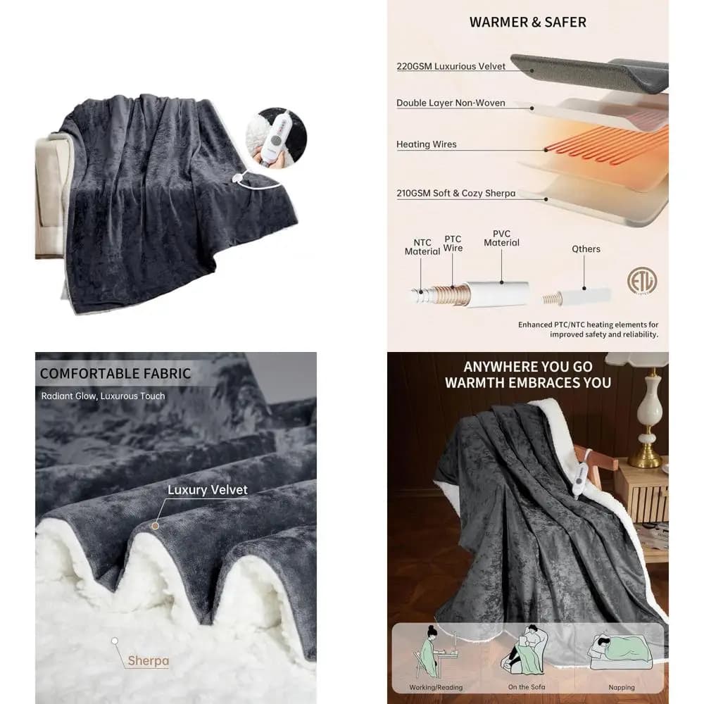 Coperta Elettrica in Velluto Accogliente con 4 Impostazioni di Calore e Spegnimento Automatico, Lavabile in Lavatrice, Protezione da Surriscaldamento, 50 x 60 Grigio