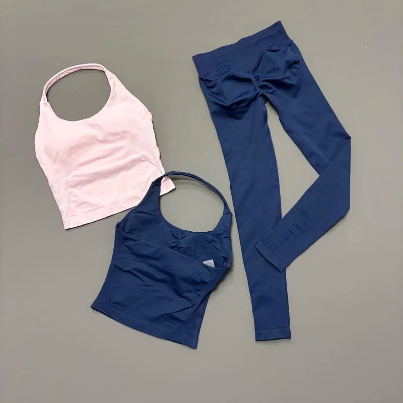 Set Sportivo da Donna 2 Pezzi con Top Halter e Leggings Modellanti Senza Cuciture per Yoga, Corsa, Allenamento e Fitness