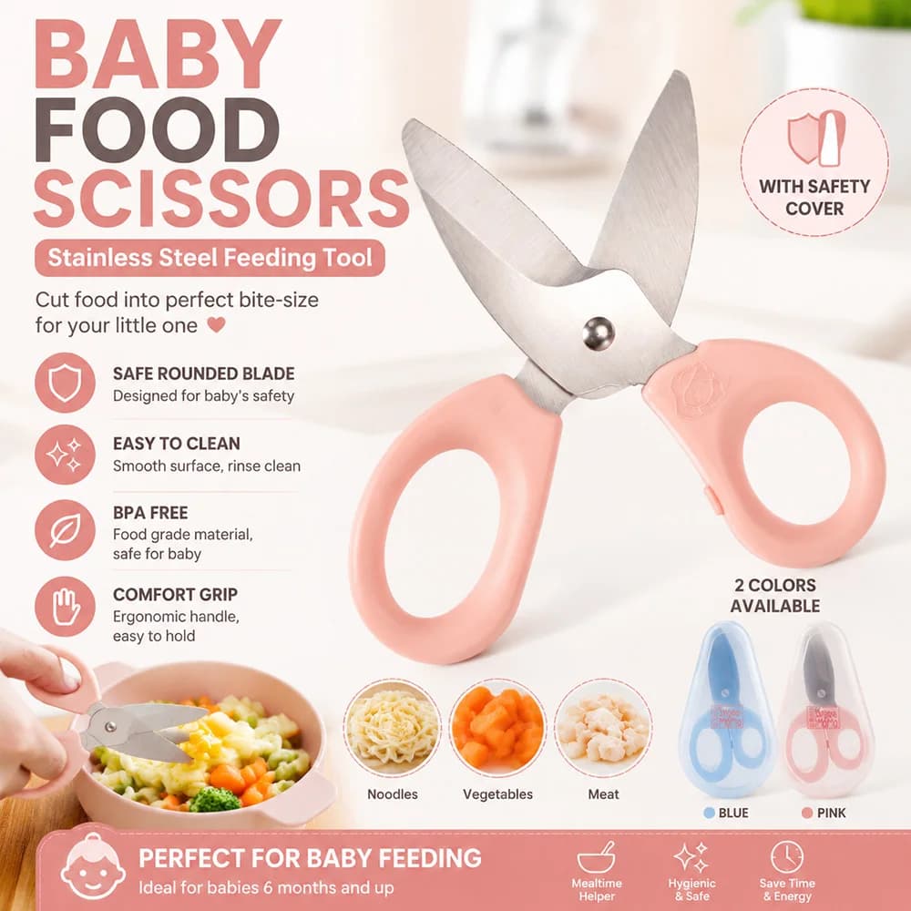 Baby Food Scissors Stainless Steel Baby Feeding Scissors BPA Free Safety Kitchen Scissors for Toddler Food Cutting Easy Clean