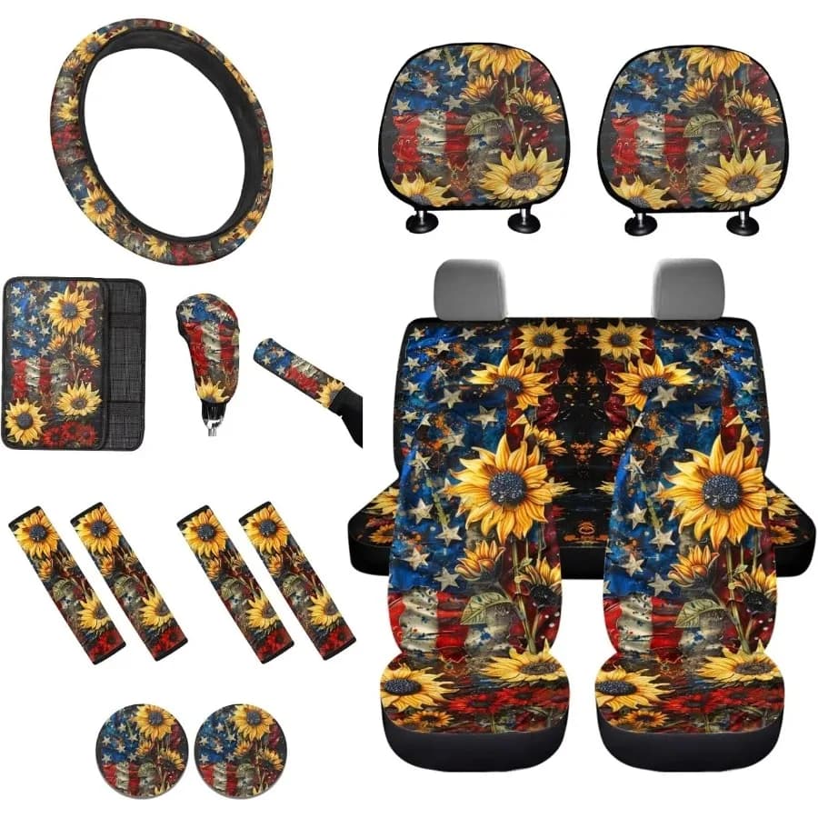 Set di coperture interne per auto stampate con bandiera americana girasole per veicoli universali con coprivolante, copri bracciolo, sedile Bel