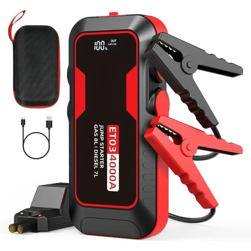 Avviatore di Emergenza Portatile 4000A per Motori a Benzina 8.0L e Diesel 7.0L, Power Bank 12V con Display LCD, Porte USB e Luce LED