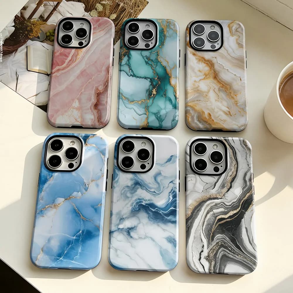Clmj Blue Marble Hard Acrylic Phone Case For IPhone 17 16e 16 15 14 13 12 11 X 8 Air Pro Max Plus Luxury Double-layer Back Cover