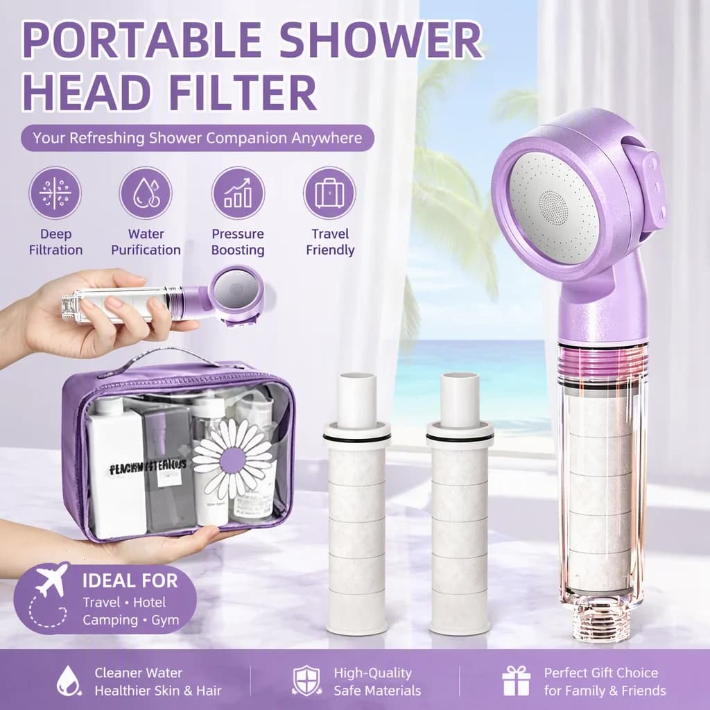 Travel Handheld Shower Filter,Portable Hotel Shower Head with Universal Adapter,High Pressure Water Purifying Spray for Bathroom