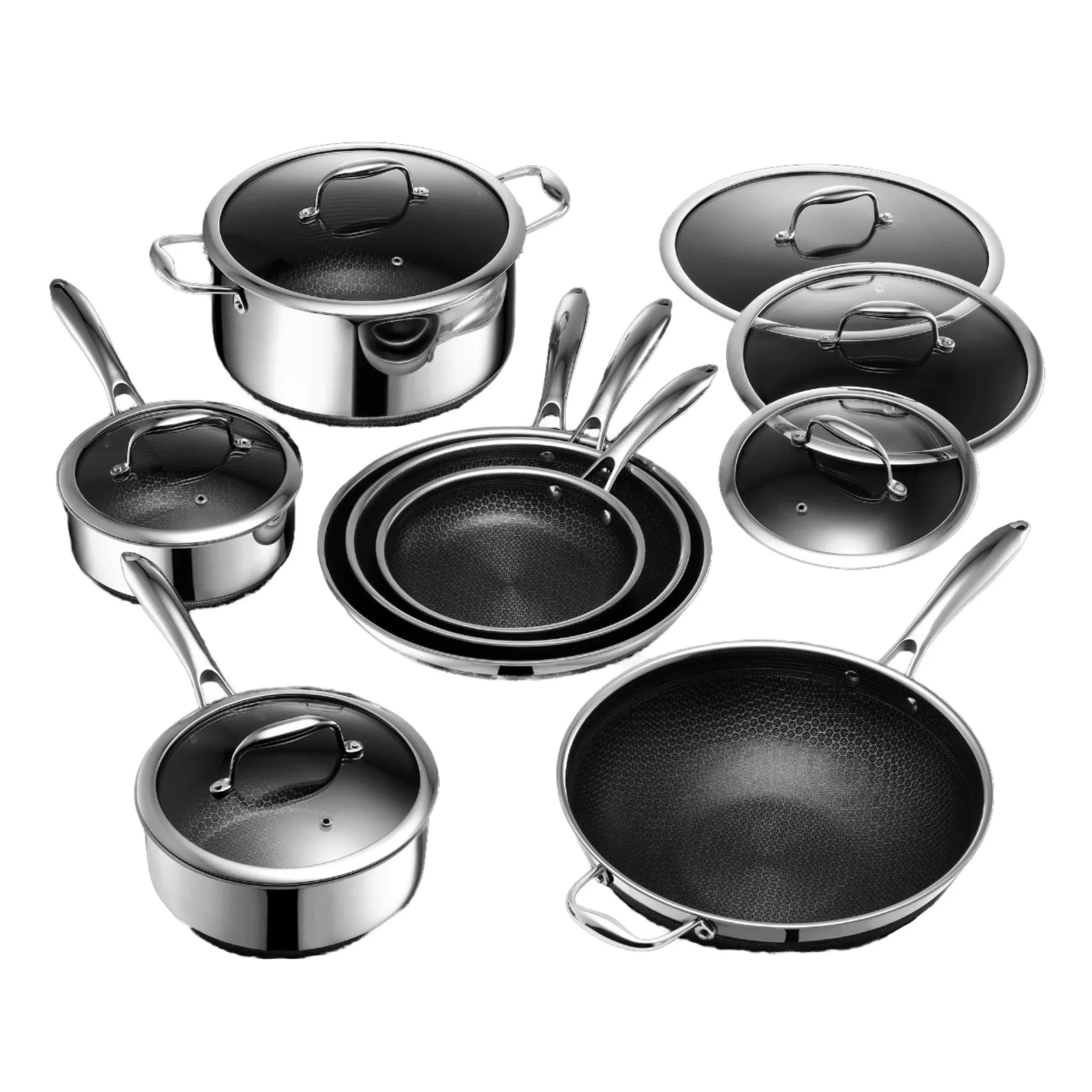 Hot Selling 3 Ply Stainless Steel Cookware Set 8/10/12 Inch Fry Pan and Wok with Induction Bottom Glass Material for Steamers