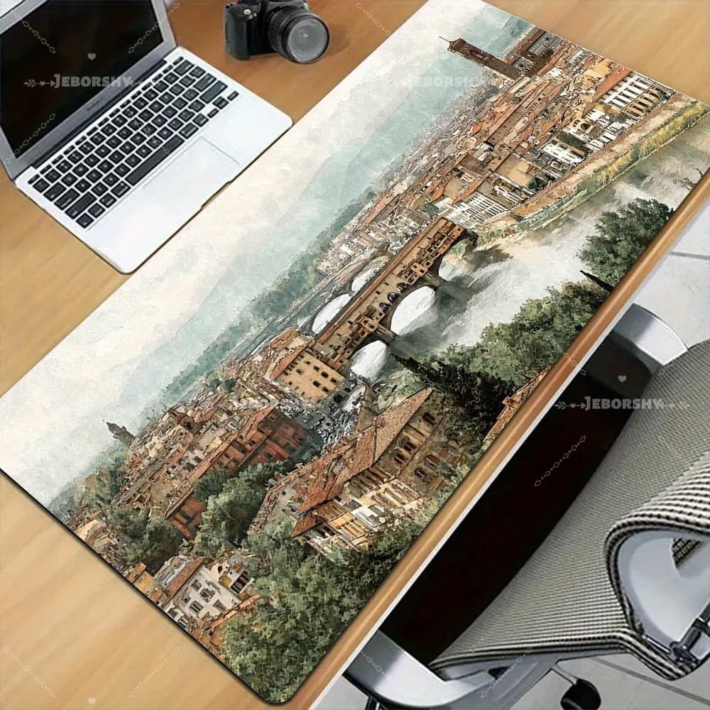 Tappetino per Mouse da Gaming XXL con Paesaggio Urbano Europeo Vintage, Antiscivolo, per Ufficio