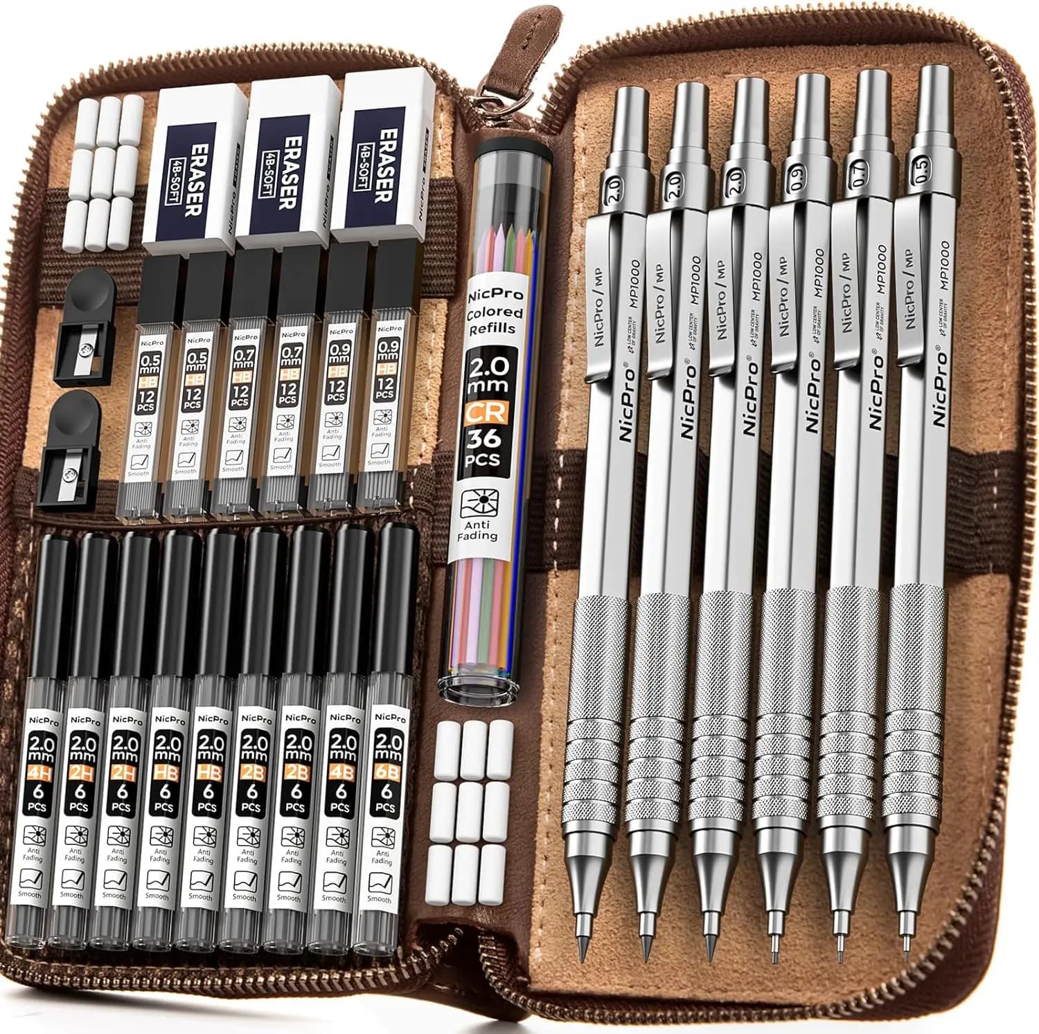 Set di 30 matite meccaniche in metallo con custodia in pelle e ricariche di mina per disegno artistico e schizzi