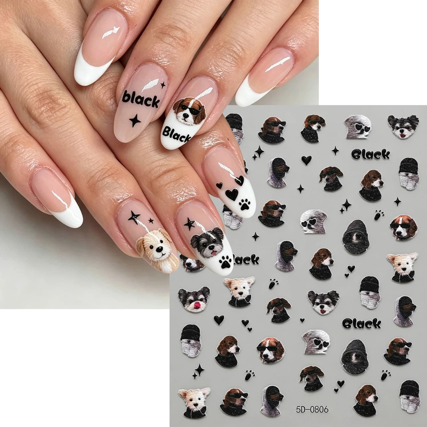 1pcs Cool Hat Beagle Dog Self-adhesive Nail Decals 5D Black Sunglasses Puppy Nail Sticker Lovely Animal Scrawl Relief Nails Deco