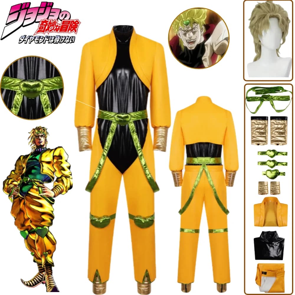 Costume Cosplay God Brando by JoJo's Bizarre Adventure, Complete Set with Yellow Coat, Belt, Bracelet, Wig and Copricapo for Halloween and Comic With