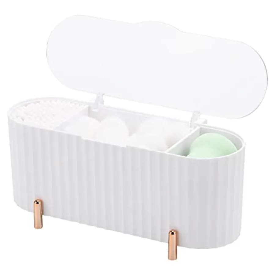Qtips Holder, 3 Grids Separate Cotton Swabs Ball Dispenser, Storage Box, Jar for Cotton Pads Bathroom Organizer Canisters - Whi