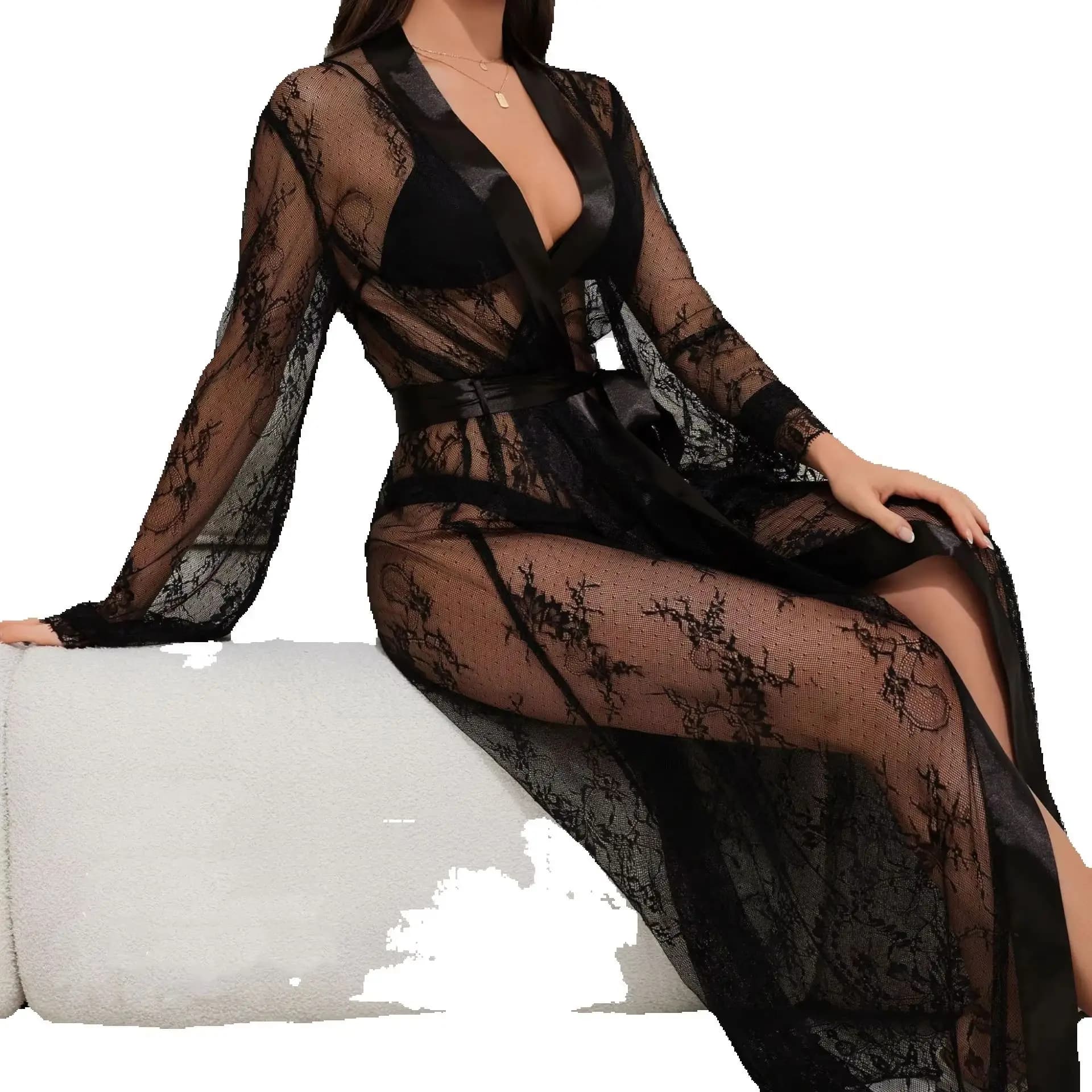 Kimono in chiffon con vestaglia a maniche lunghe in pizzo sexy, elegante accappatoio per la casa in rete nera