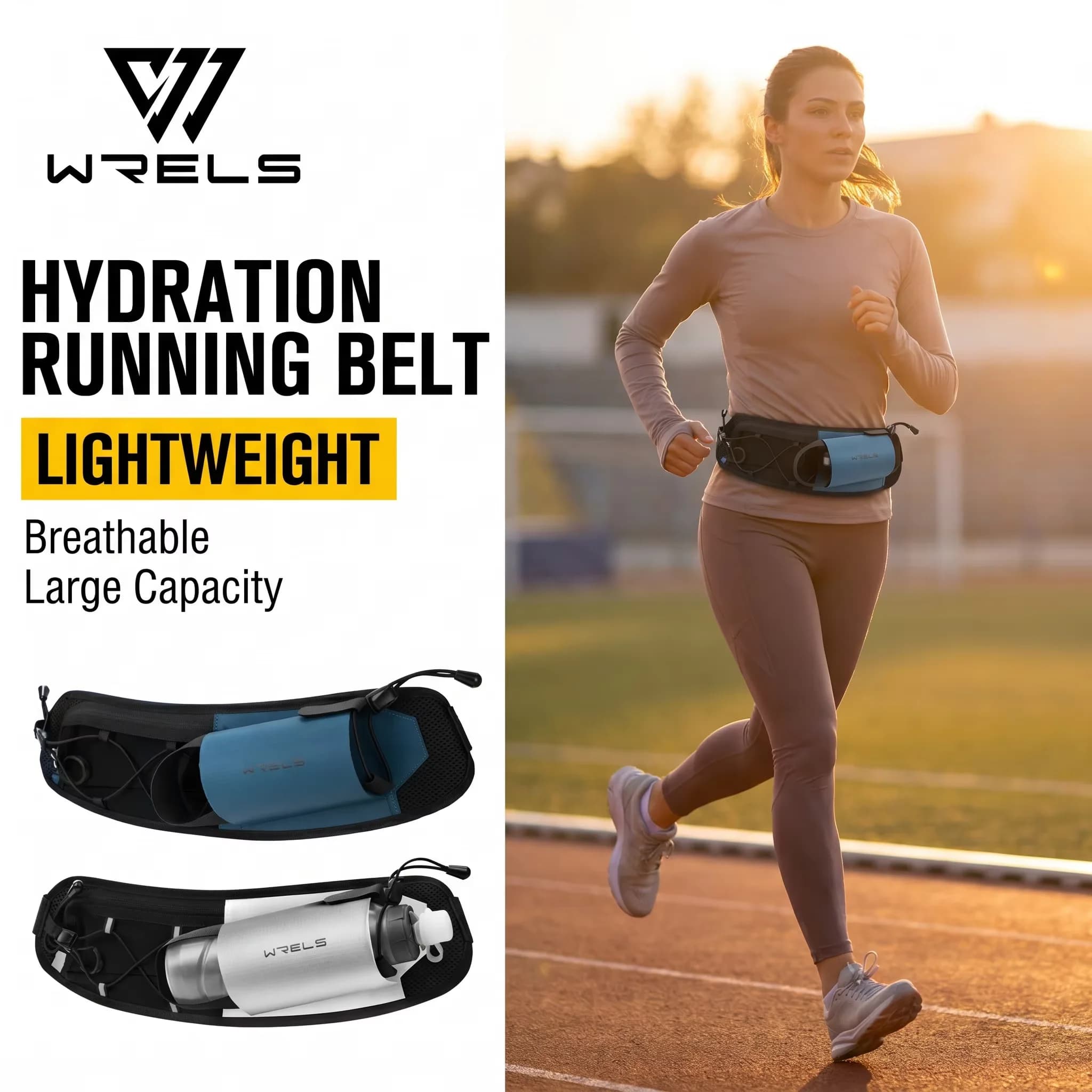 WRELS Hydration Running Belt Breathable Waist Pack Large Capacity Fanny Pack Bottle Holder Net Bag Elastic Phone Marathon Belt