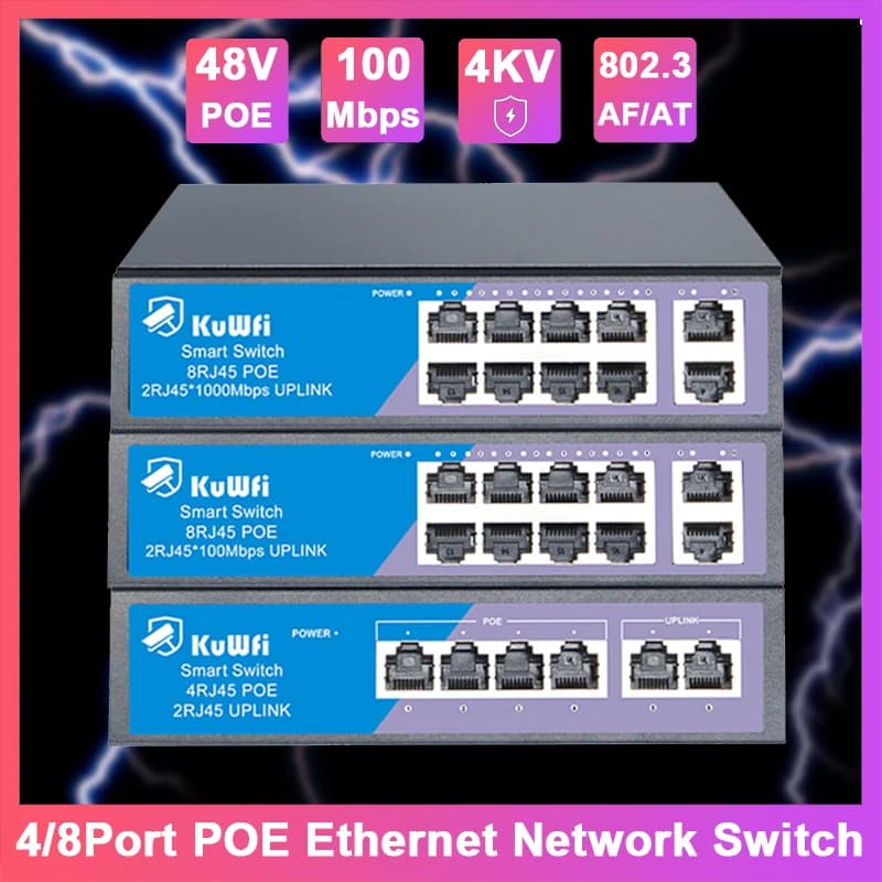 Switch di rete Ethernet KuWFi 48V POE 100Mbps Porta POE 4/8 porte RJ45 veloce con porta uplink Supporto telecamera IP/CCTV/Router AP/PC
