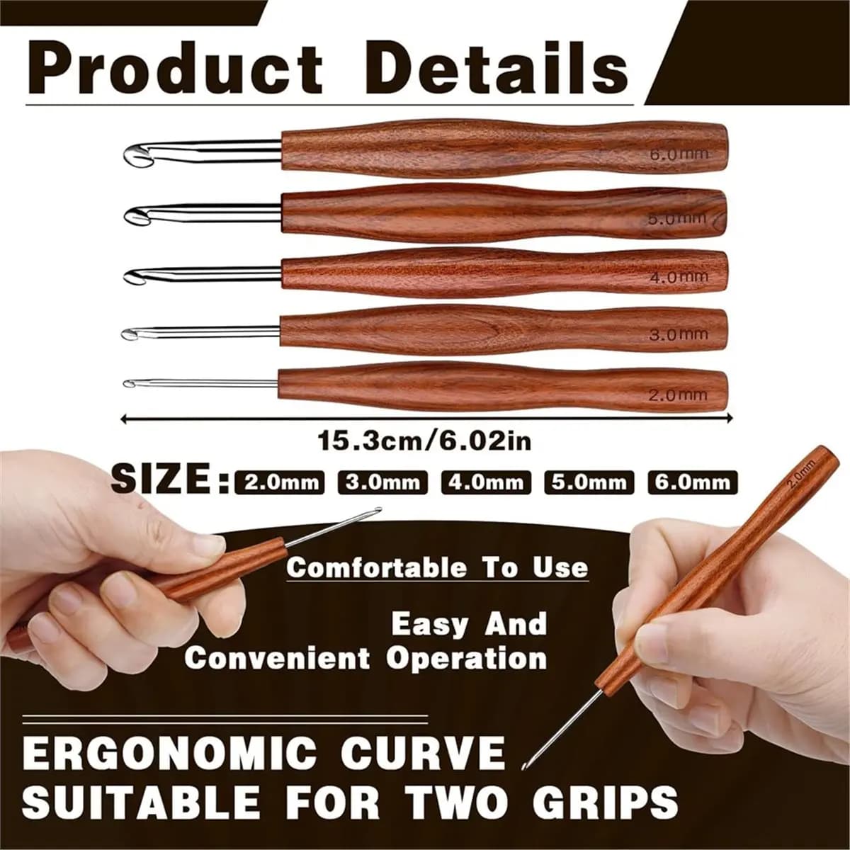 NOCM 5 Pcs Crochet Hook, 5 Size Aluminum Ergonomic Crochet Hook with Wooden Handle for Arthritic Hands,Crochet Needles