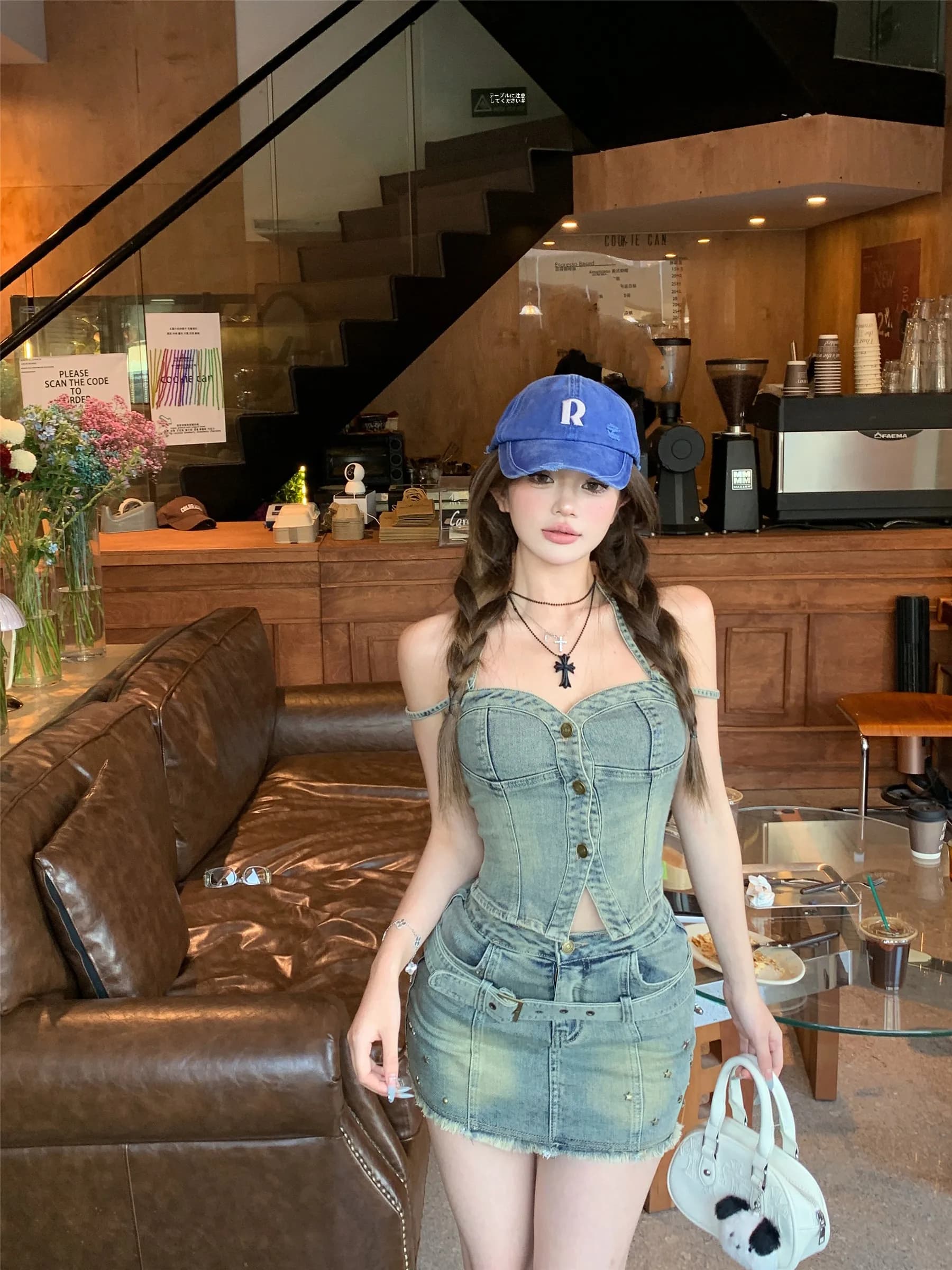 Retro Washed Blue Denim Short Strap Vest Women Summer Set Spicy Girl Style Skirt Two Piece Set High Waist Pure Color