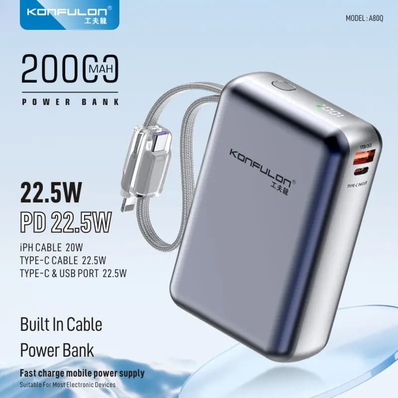 Power Bank Portatile con Cavo USB-C + iPhone Integrato, 10000/20000mAh, Ricarica Rapida PD 22.5W per iPhone 18 17 16 Samsung Mi