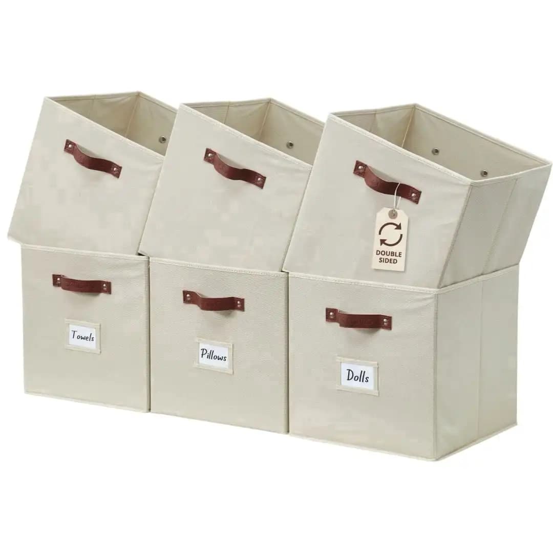 Set of 6 Fabric Cube Storage Bins, Beige Closet Organizer Storage Bins