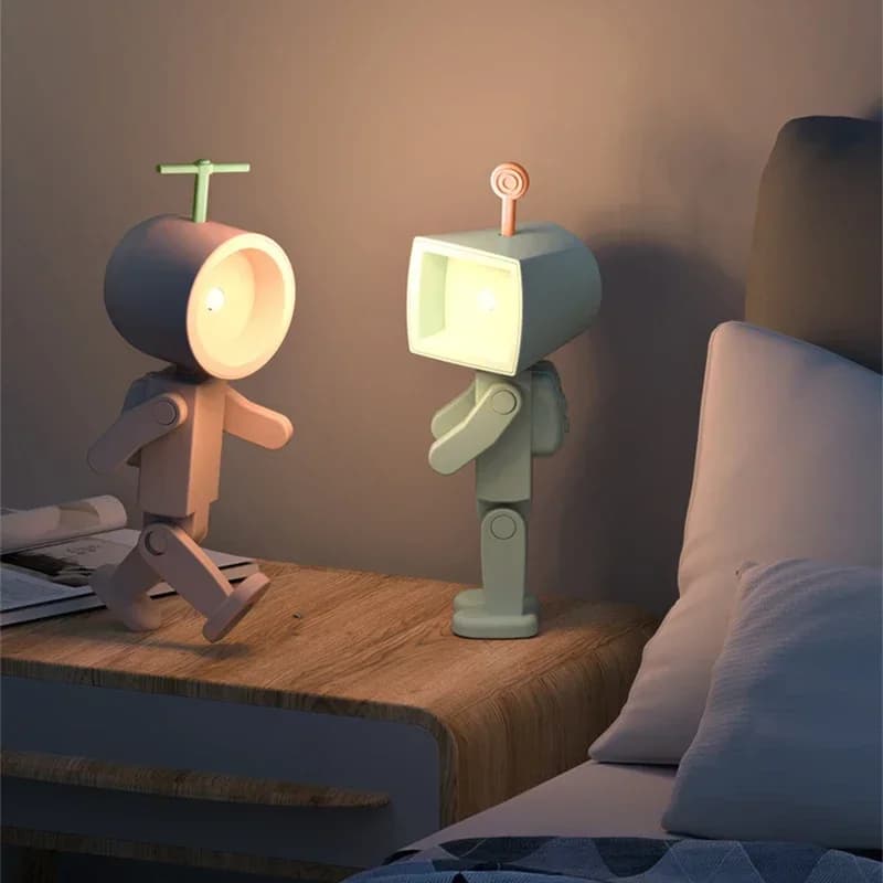 La luce notturna magnetica dell'astronauta creativo ha condotto il Mini Robot quadrato con la luce ambientale della decorazione di legno del comodino del Desktop della lampada del libro della batteria