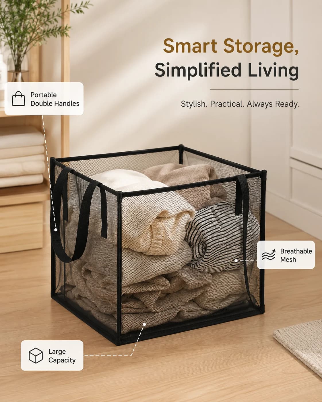 Foldable Square Mesh Laundry Basket, Large Dirty Clothes Hamper with Handles, Portable Bathroom Storage Bin